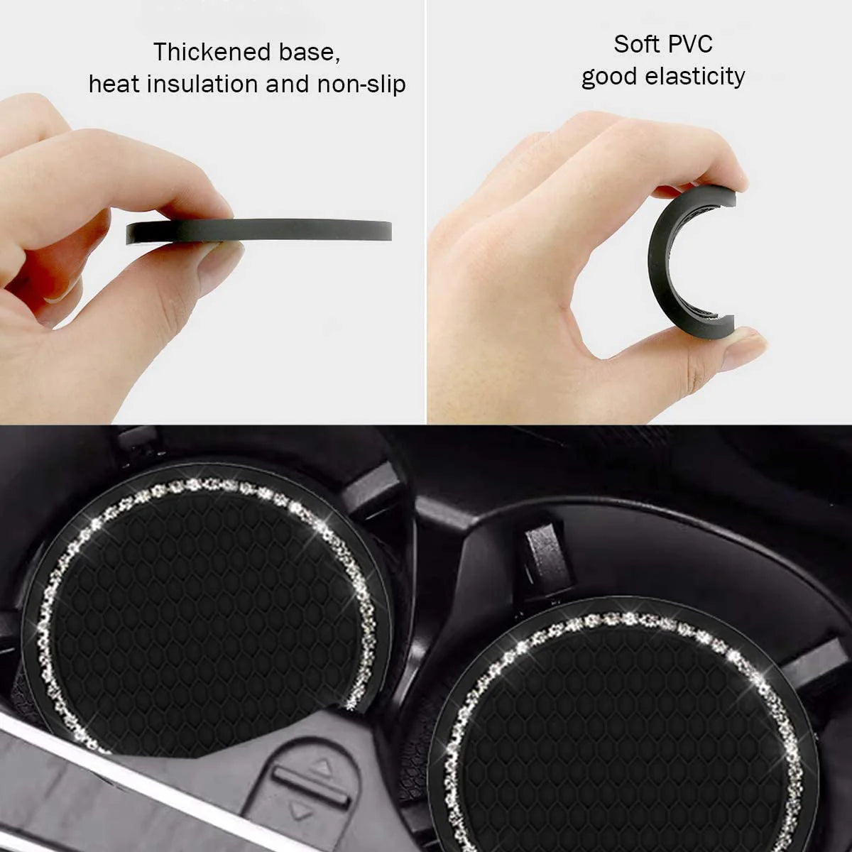 Universal Car Bling Cup Holder Insert Coaster, Car Interior Accessories 7 cm(2.75 inch) Silicone Anti Slip Crystal Rhinestone Vehicle Coaster 2 pcs