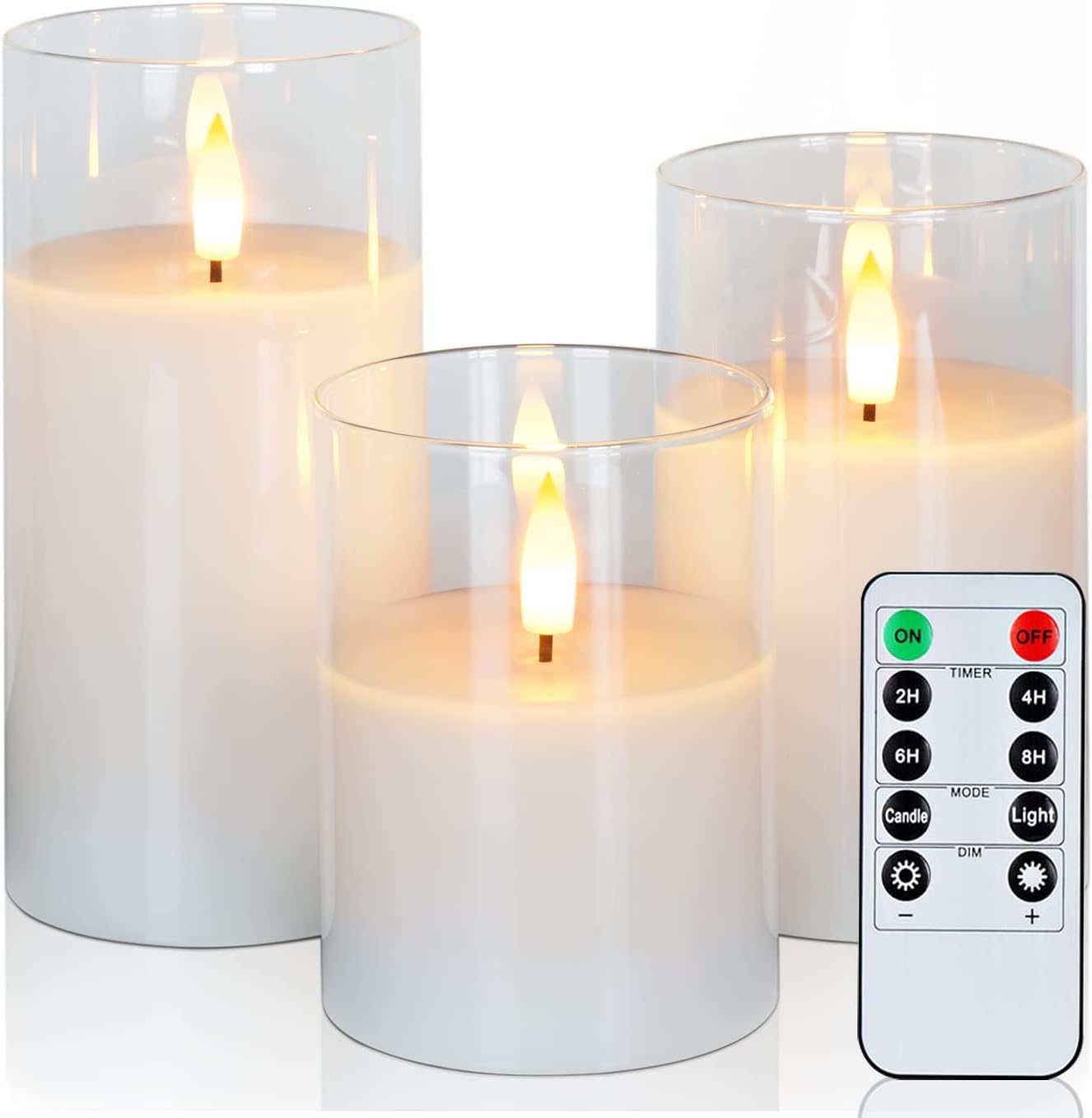 Clear Glass Flameless Candles. Battery Operated/Powered with Timer, Remote Control, LED Pillar Candles, D3 H4 5" 6", Set of 3 (White)