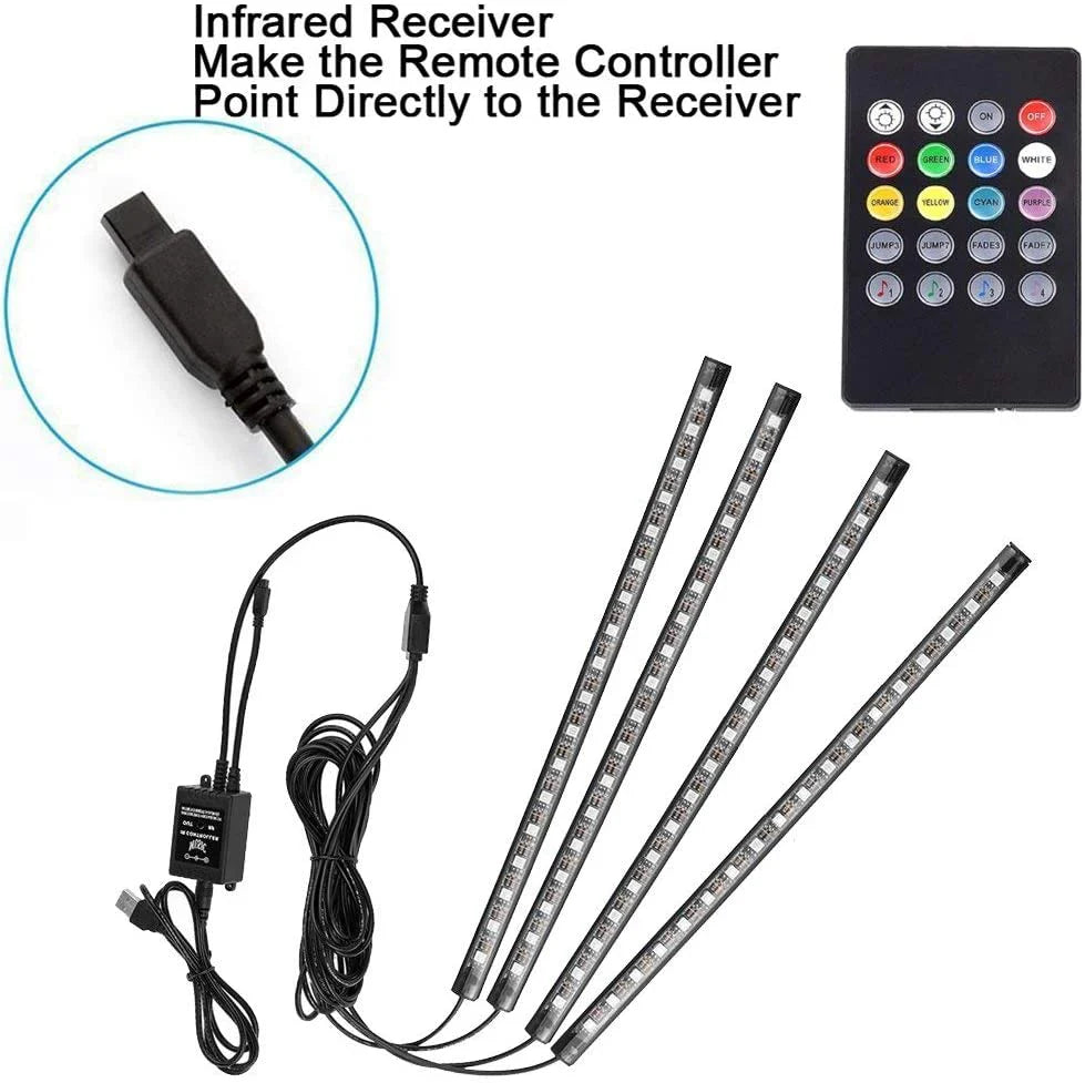 Car LED Strip Light, 4 Pcs Multicolor USB Lights for Car, TV, Home with Sound Active Function, Wireless Remote Control