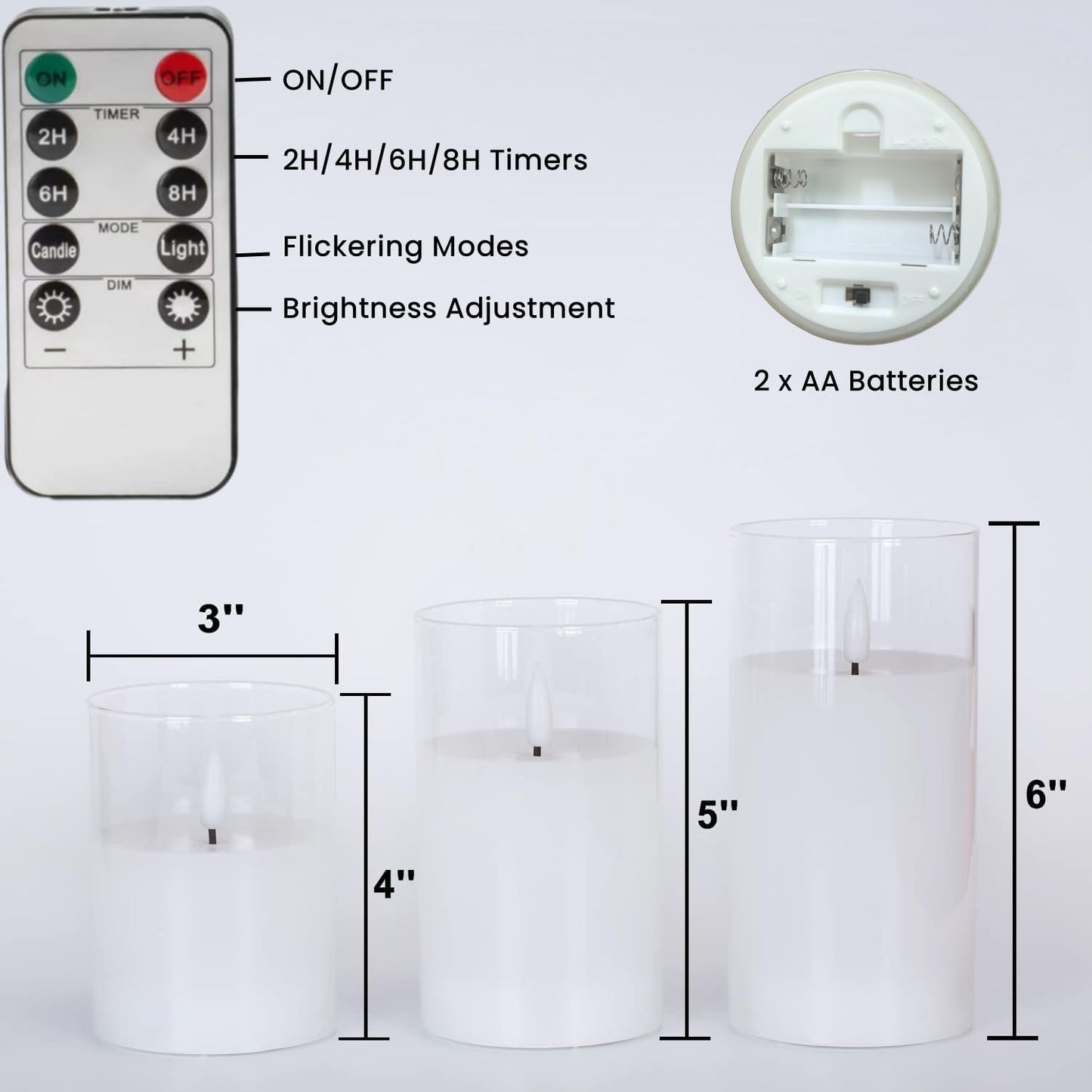 Clear Glass Flameless Candles. Battery Operated/Powered with Timer, Remote Control, LED Pillar Candles, D3 H4 5" 6", Set of 3 (White)