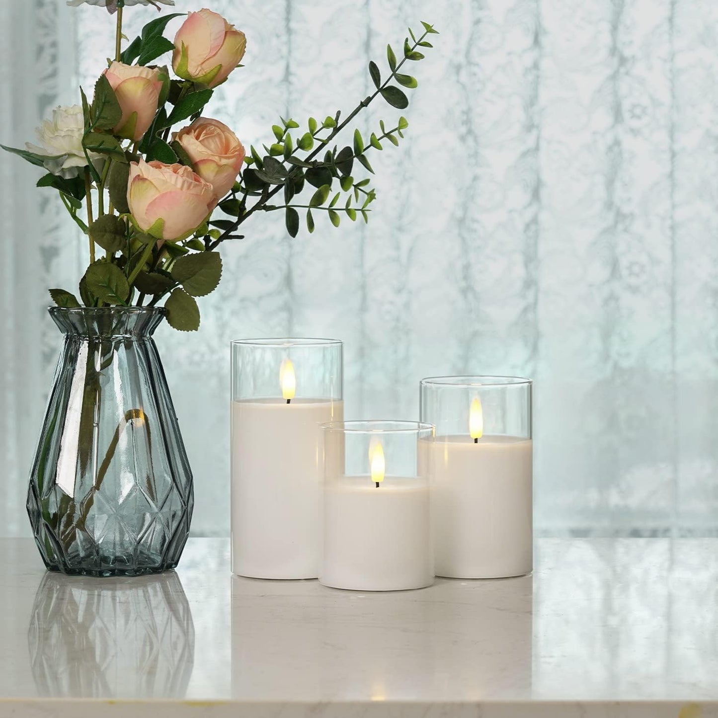 Clear Glass Flameless Candles. Battery Operated/Powered with Timer, Remote Control, LED Pillar Candles, D3 H4 5" 6", Set of 3 (White)