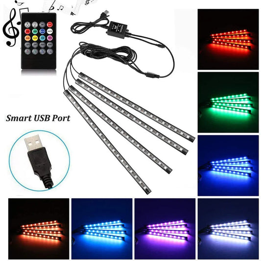 Car LED Strip Light, 4 Pcs Multicolor USB Lights for Car, TV, Home with Sound Active Function, Wireless Remote Control