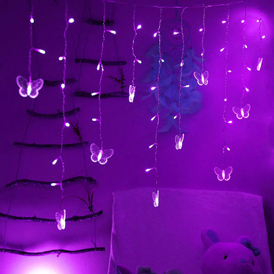 Curtain Lights 48 LED USB Powered, 8 Modes, Waterproof Window Curtain String Lights with 10 Butterfly Lights for decor.,Purple